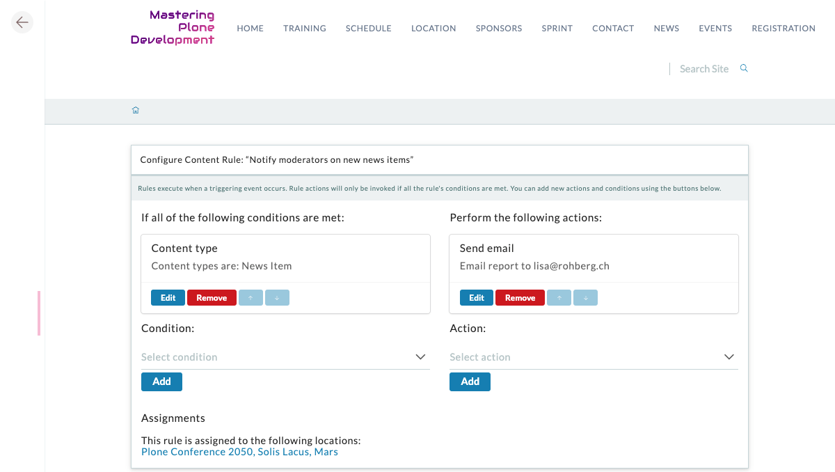 Configure the content rule with conditions and actions.